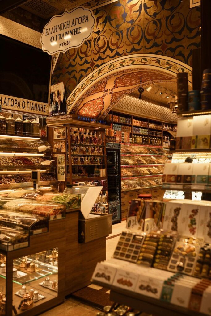 A charming Greek shop displaying an array of traditional sweets and culinary products, offering a taste of local flavors and artisanal goods.