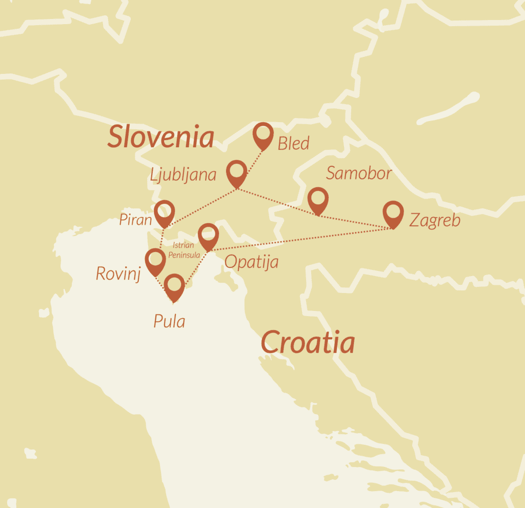 Map of Magic of Istria tour – Featuring Croatia and Slovenia, highlighting key destinations such as Zagreb, Bled, Ljubljana, Piran, Rovinj, and the Istrian Peninsula.