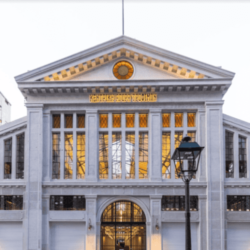 The historic entrance to Modiano Market, one of Thessaloniki’s most famous food markets, bustling with fresh produce, spices, and local delicacies.