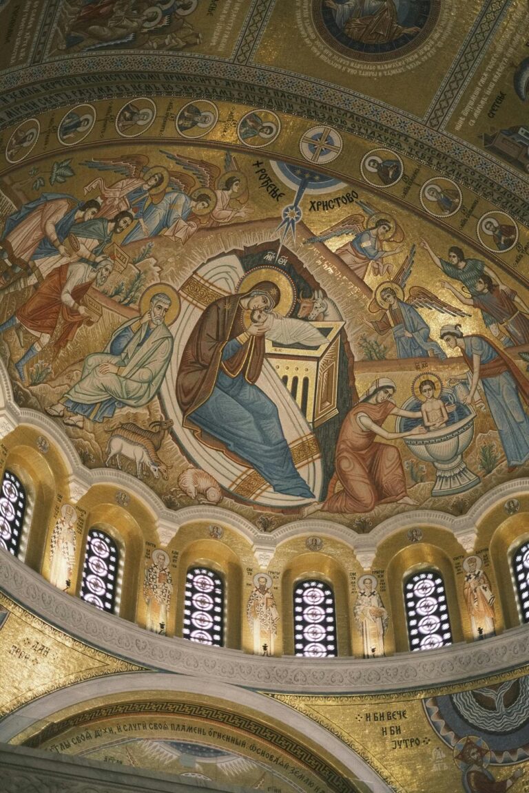 A detailed painting of the Virgin Mary and the birth of Christ, symbolizing the Christian traditions that have shaped religion in the Balkans.