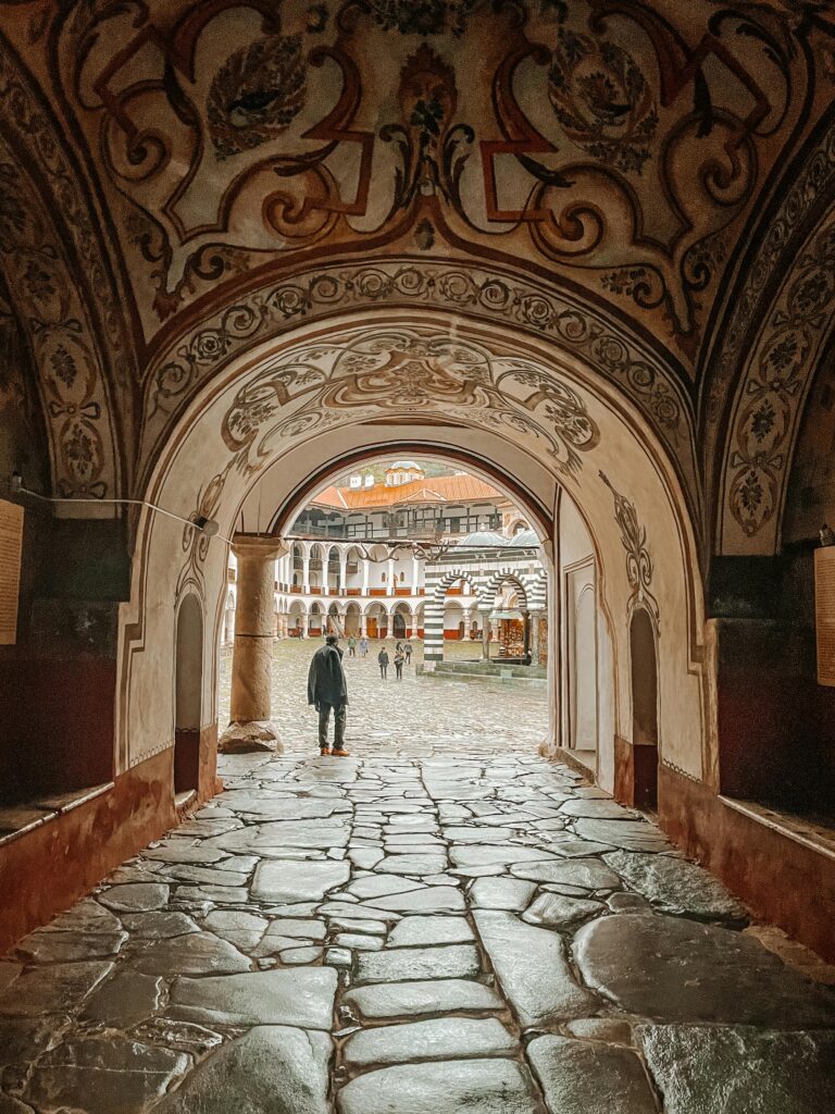 The beautifully decorated arch of Rila Monastery, a UNESCO World Heritage site and a cornerstone of religion in the Balkans.