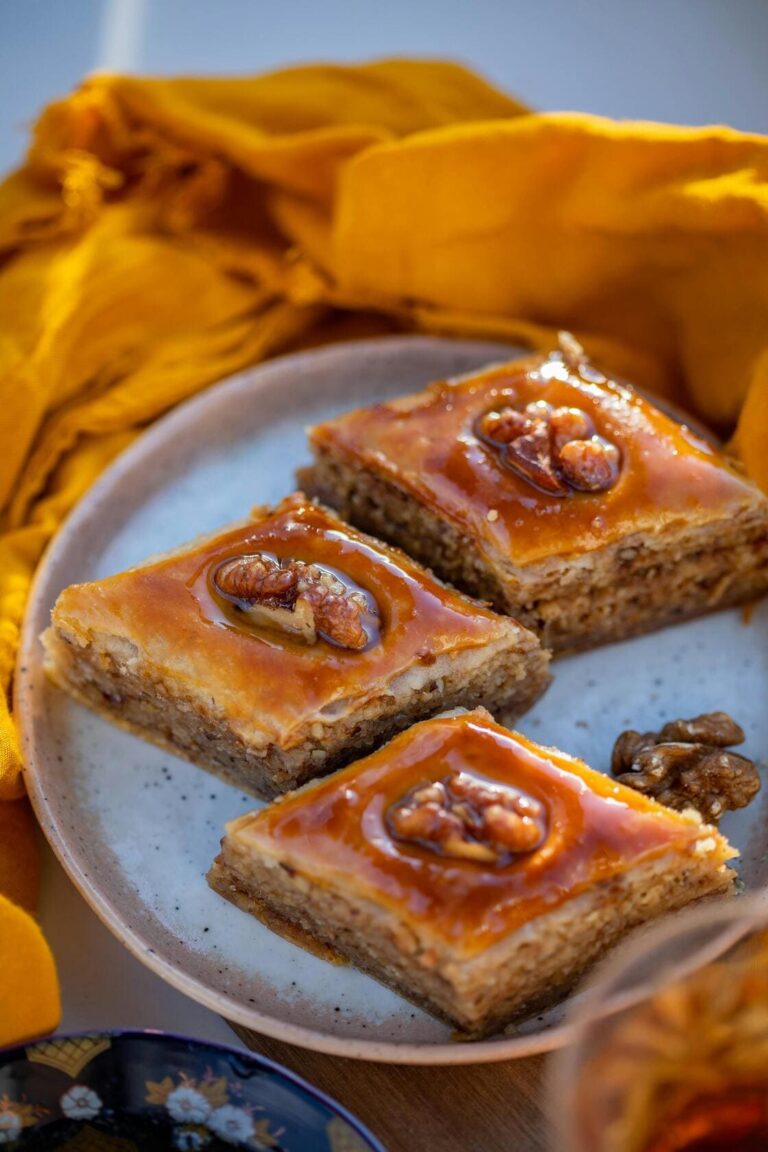 Close-up of traditional Turkish walnut baklava glazed with syrup – a must-try dessert in Istanbul