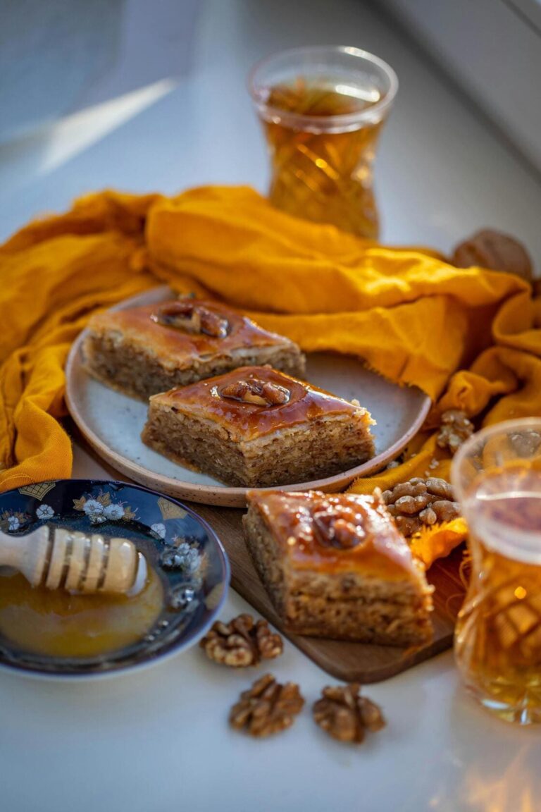 Close-up of a juicy walnut baklava, in traditional setting