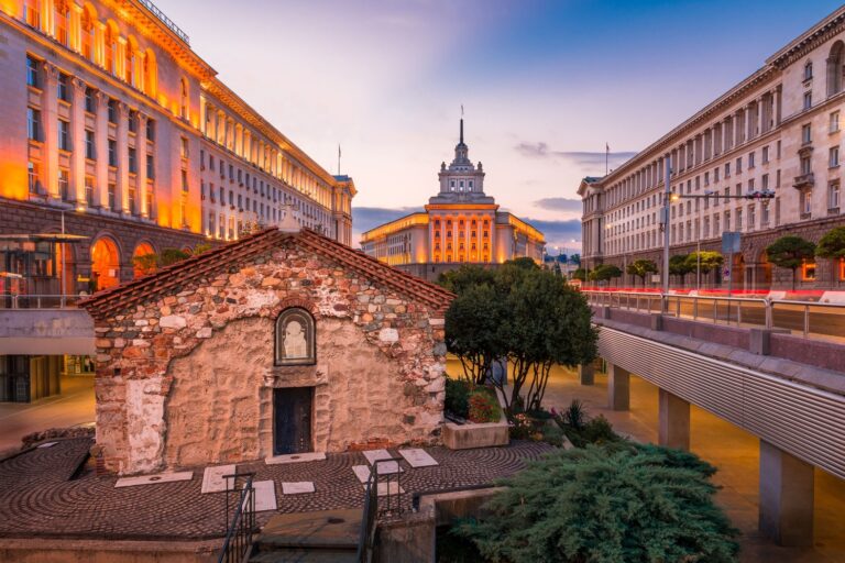 Sofia city center – A vibrant view of Bulgaria’s capital, highlighting the Parliament building and an old church.