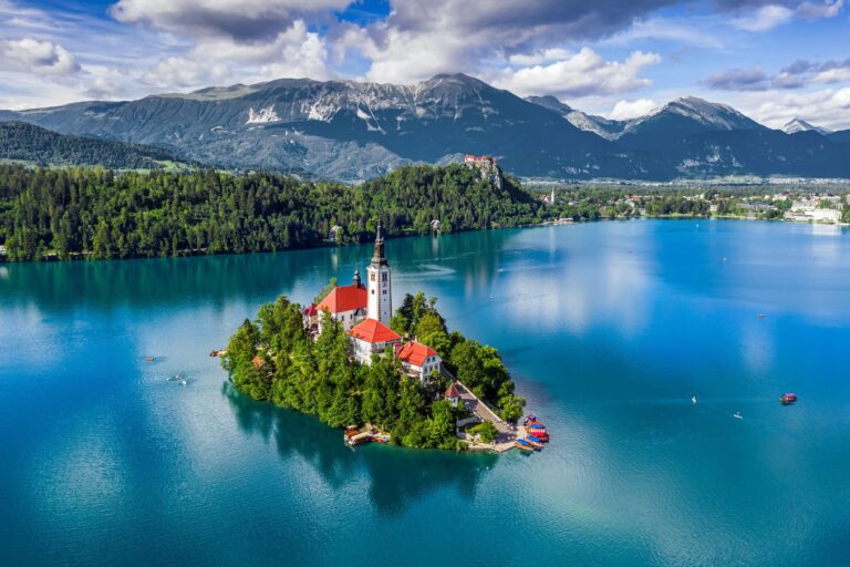 Aerial view of Lake Bled – A stunning view of Slovenia’s famous lake with its island church and surrounding mountains.
