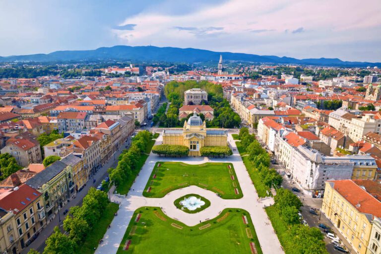 Aerial view of Zagreb – A stunning perspective of Croatia’s capital, highlighting its historic rooftops and modern cityscape.