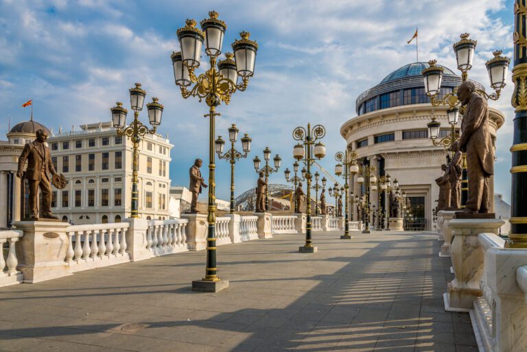 The main bridge in Skopje’s city center, offering a stunning view of the city's mix of historic and modern architecture.
