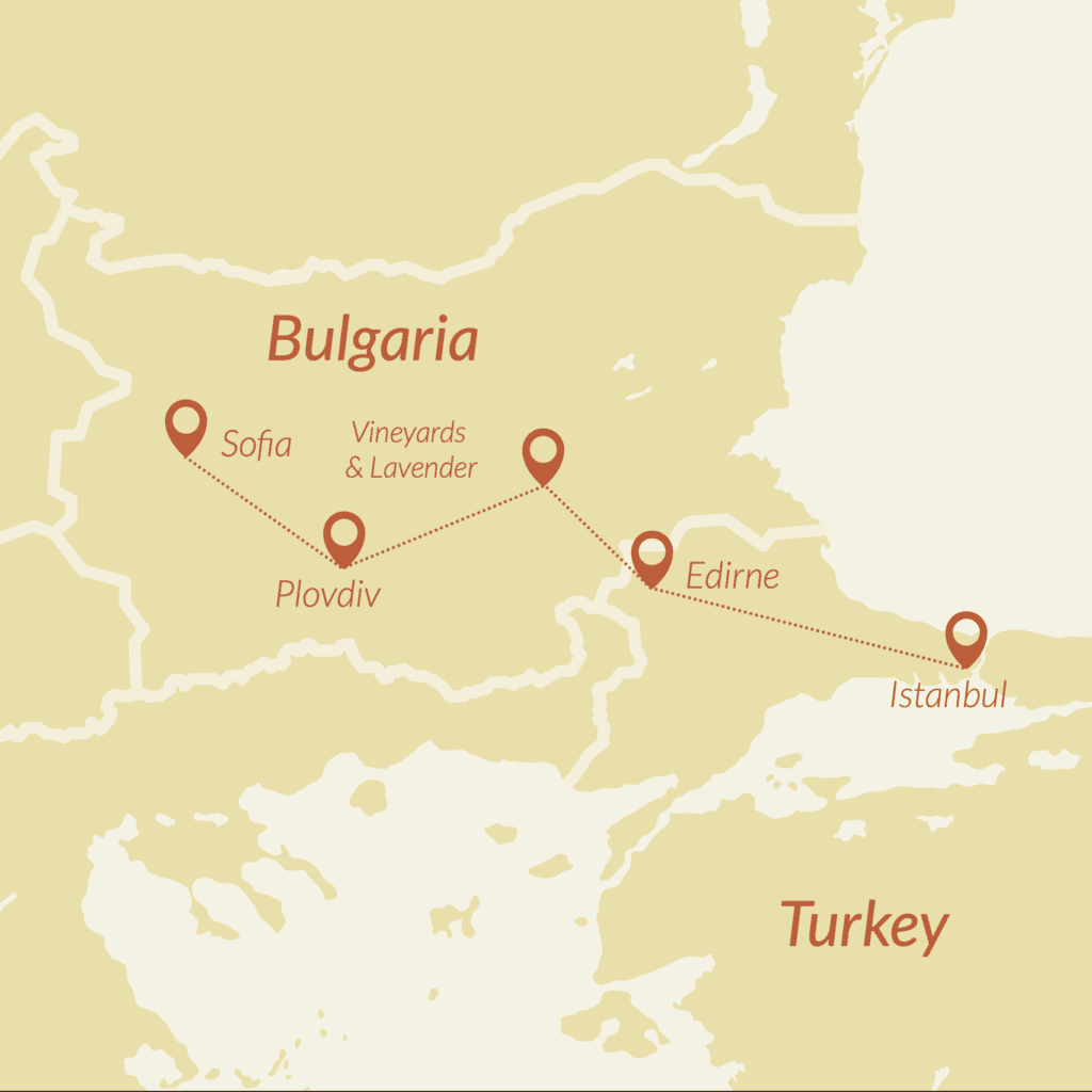 Map of Lavender and Wine Tour Bulgaria Turkey showing Sofia, Plovdiv, Edirne, and Istanbul route.