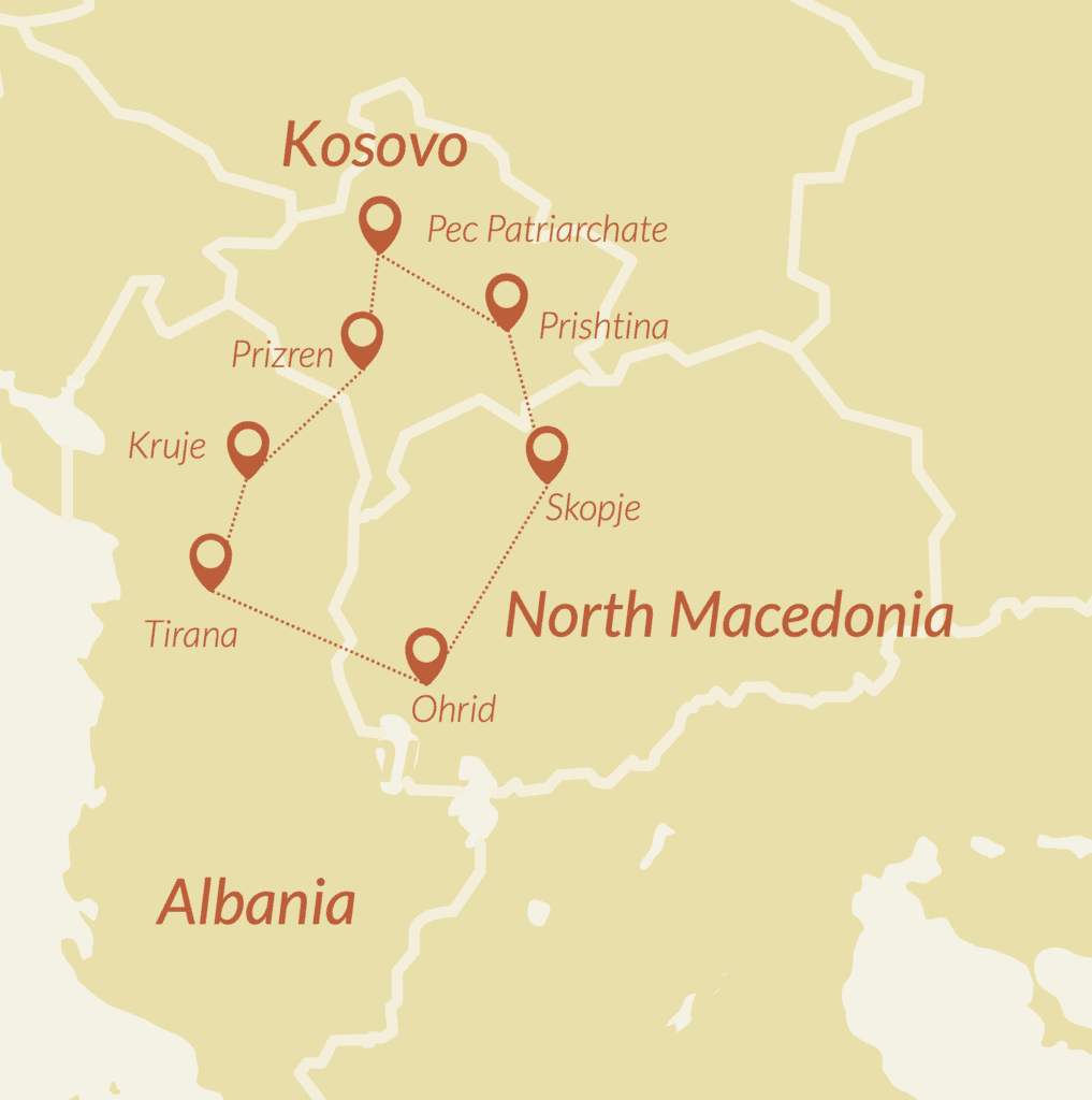 Map of Unseen Balkans tour featuring Kosovo, Albania, and North Macedonia, highlighting the capitals Pristina, Tirana, and Skopje, as well as the historic cities of Prizren, Ohrid, and Krujë.