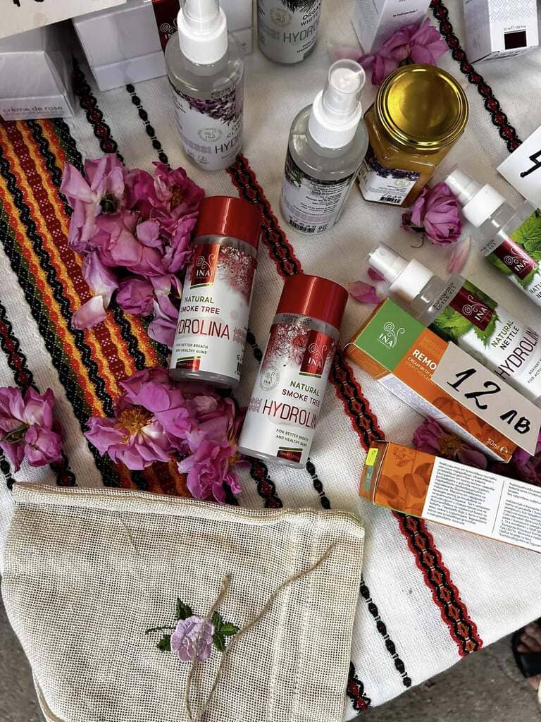 Organic rose products at a local stand seen during the days of the Rose Festival in Bulgaria