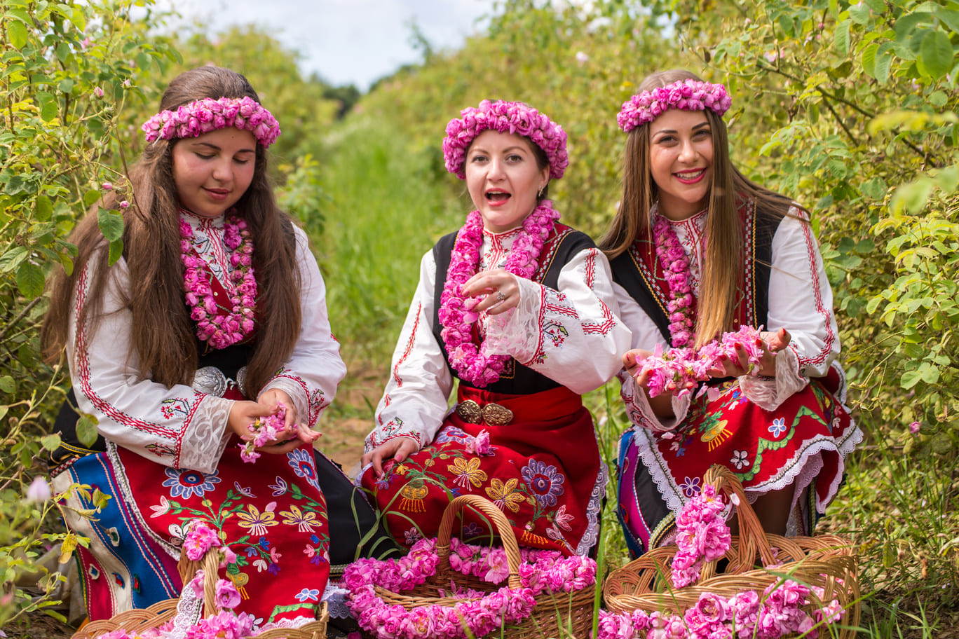 Young girls dressed in traditional Bulgarian attire stands in a sunlit rose field in Bulgaria’s Rose Valley