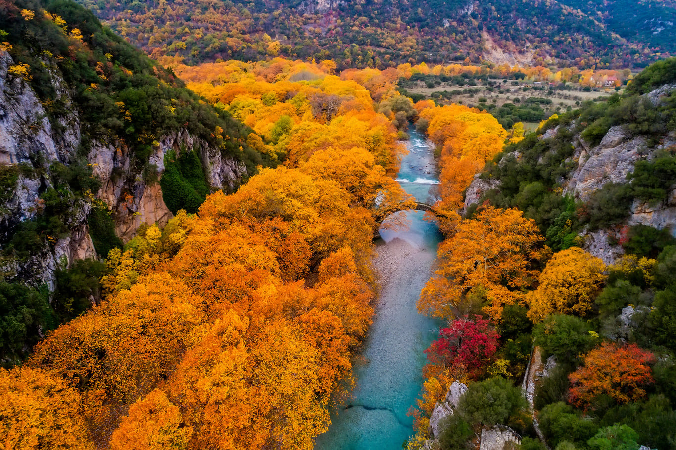 Beautiful autumn landscape in Zagorochoria - a region known for stone villages, dramatic cliffs, and deep gorges