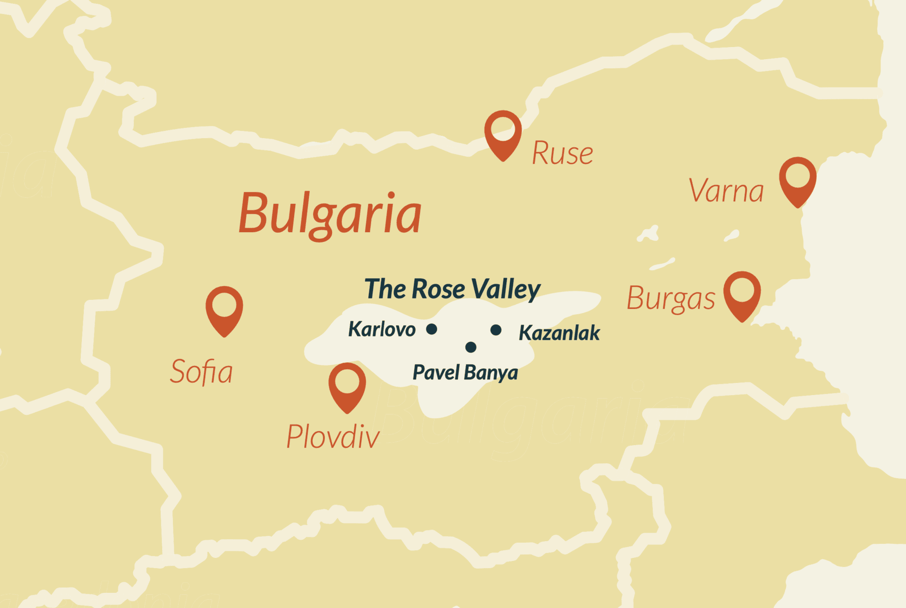 A map of Bulgaria and teh Rose Valley showcasing major cities like Sofia and Plovdiv and the Rose Valley location and main points of interest, including Karlovo and Kazanlak.